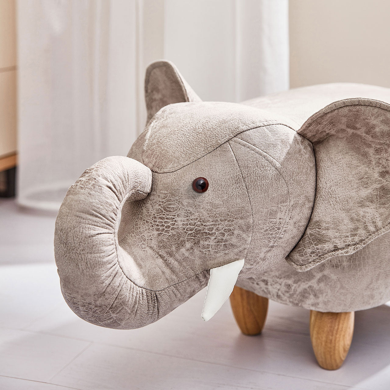 Grey Elephant Kid's Stool Solid Wood Wool Upholstery Children's Chair Kids Furniture-2