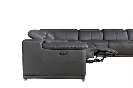 Gray Italian Leather Power Reclining U Shaped Six Piece Corner Sectional With Console-1
