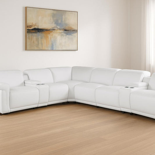White Italian Leather Modular L Shaped Eight Piece Corner Sectional With Console-0