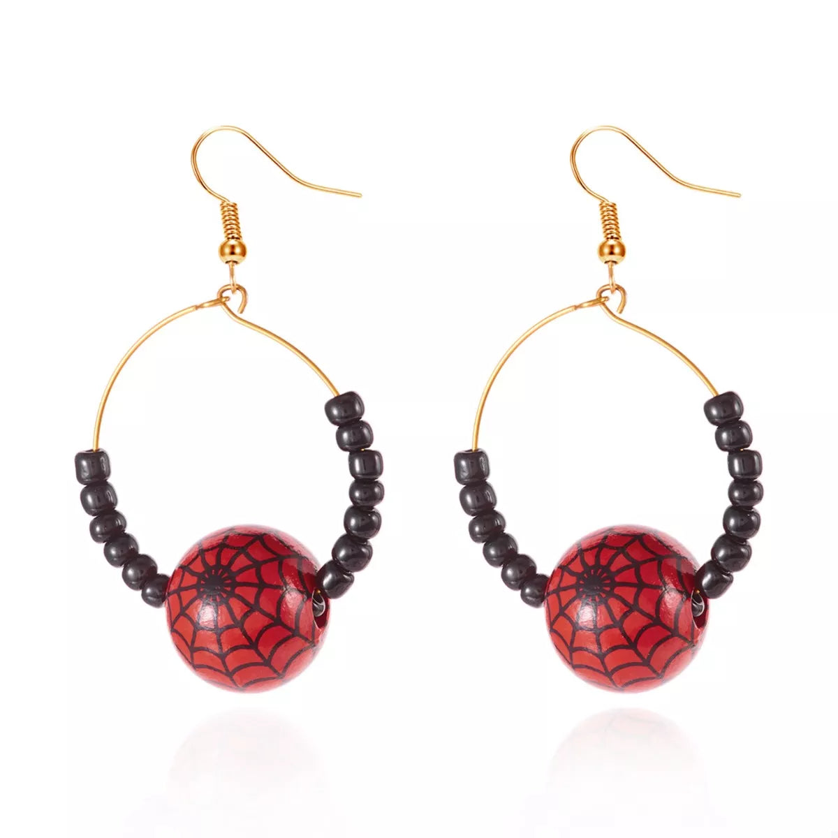 18K gold-plated Halloween bead earrings with red spider-web bead and black seed beads on gold hoops.