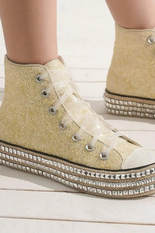 Mayfair Glitter Lace-Up Studded Platform Sneaker with Glamorous Design.