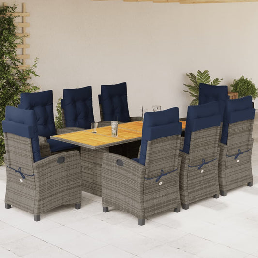 vidaXL 9 Piece Patio Dining Set with Cushions Gray Poly Rattan-0