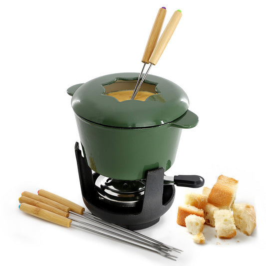 MegaChef Enameled Cast Iron Fondue Pot with 6 Serving Forks in Green-0