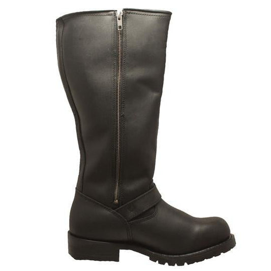 Men's 16" Black Engineer Biker Leather Work Boots with Side Zipper