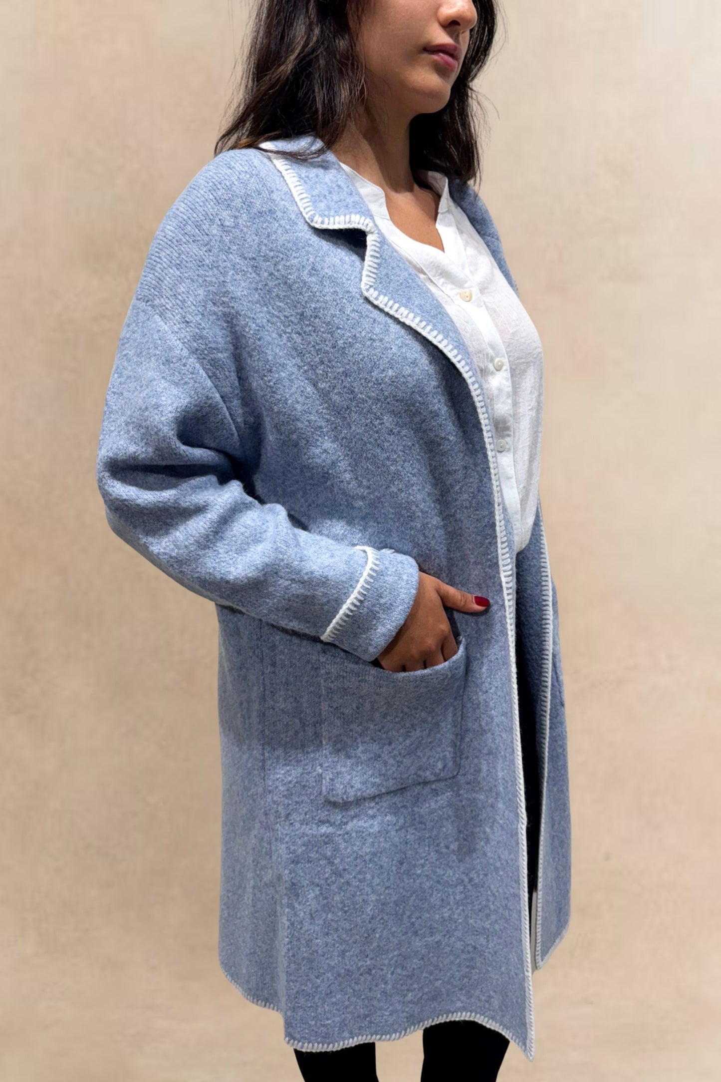 Solana Knit Jacket Collar Long Open-Front Contrast Stitching Pockets