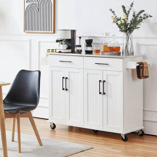 White Kitchen Cart Island with Stainless Steel Top 2 Drawers and Cabinet-0