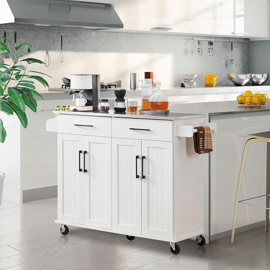 White Kitchen Cart Island with Stainless Steel Top 2 Drawers and Cabinet-1