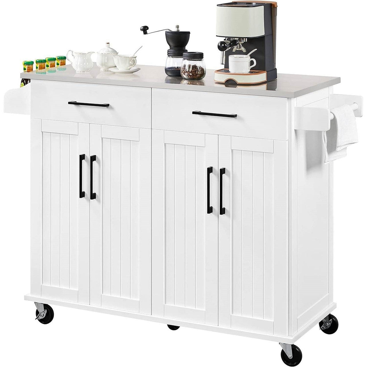 White Kitchen Cart Island with Stainless Steel Top 2 Drawers and Cabinet-2