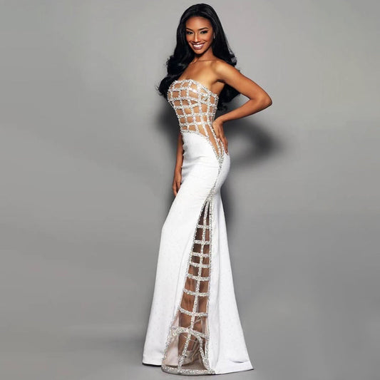 White Sequin Off-Shoulder Evening Gown For Women, Slim Fit, Midtown, BYMANYC New York.-0