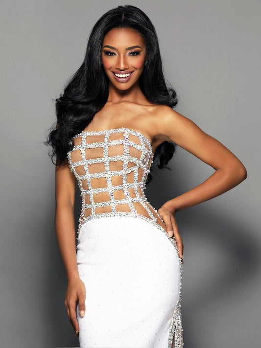 White Sequin Off-Shoulder Evening Gown For Women, Slim Fit, Midtown, BYMANYC New York.-1