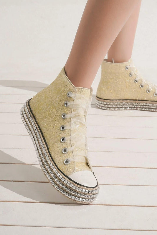 Mayfair Glitter Lace-Up Studded Platform Sneaker with Glamorous Design.