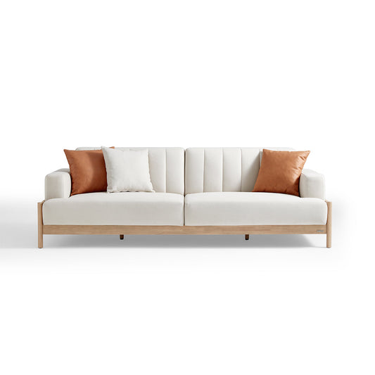 Sunrise Cream 4-Seater Sofa Set with 3 Cushions Solid Rubberwood Frame